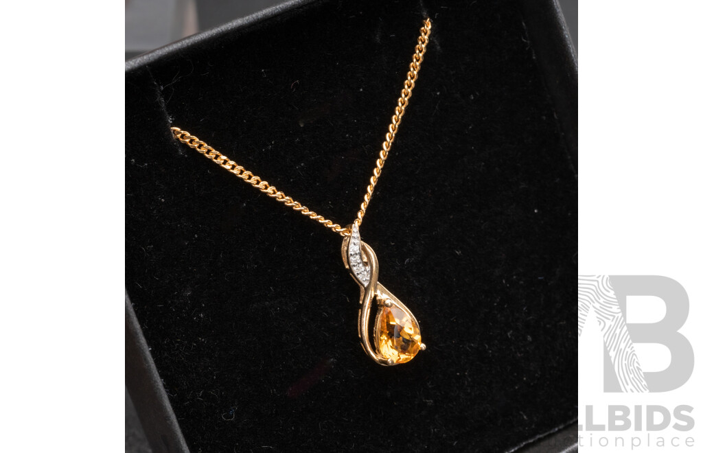 BRAND NEW - 9ct Yellow Gold Citrine & Diamond pendant on 9ct Curb Link Necklace, TDW 0.03ct, 16mm, 45cm, 3.59 Grams
