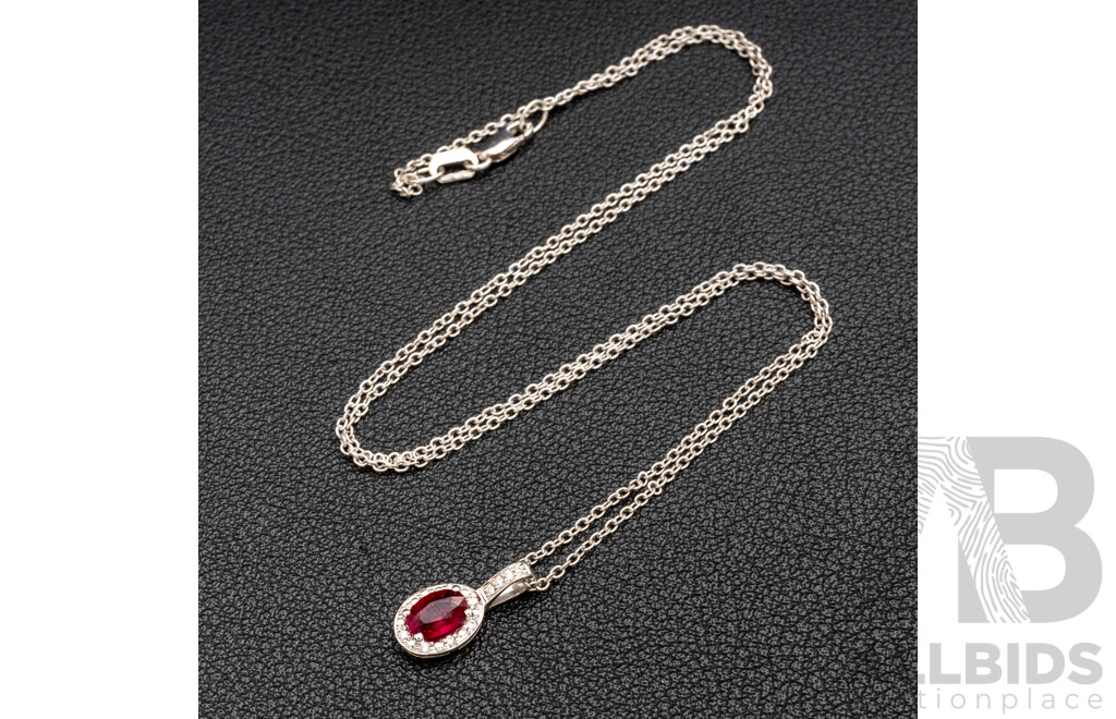 BRAND NEW - 9ct White Gold Ruby & Diamond Halo Pendant on 9ct White Gold Necklace, S0.49ct/D0.06ct, 14mm, 45cm, 2.14 Grams