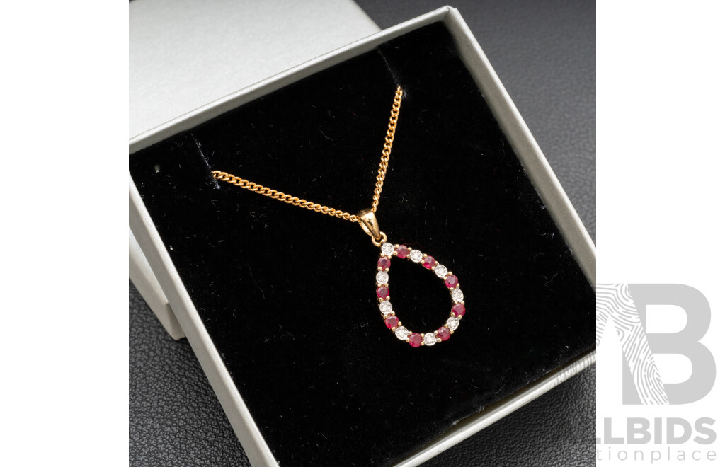 BRAND NEW - 9ct Yellow Gold Ruby & Diamond pear shaped Halo Pendant on 9ct Yellow Gold Necklace, S0.36ct/D0.05ct, 19mm, 50cm, 4.03 Grams