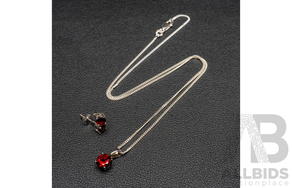 BRAND NEW - Sterling Silver Garnet Stud Earrings & Necklace (45cm) Set, 4.66 Grams