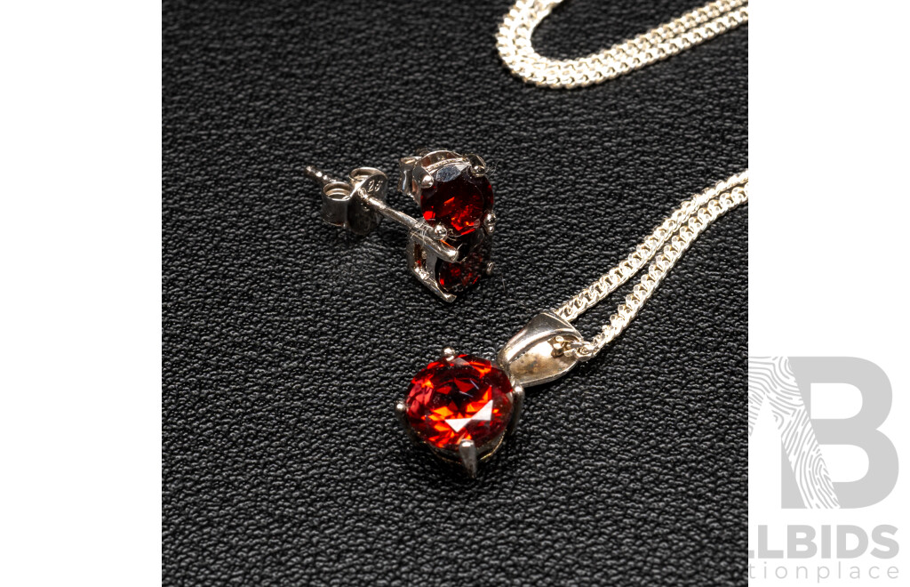 BRAND NEW - Sterling Silver Garnet Stud Earrings & Necklace (45cm) Set, 4.66 Grams
