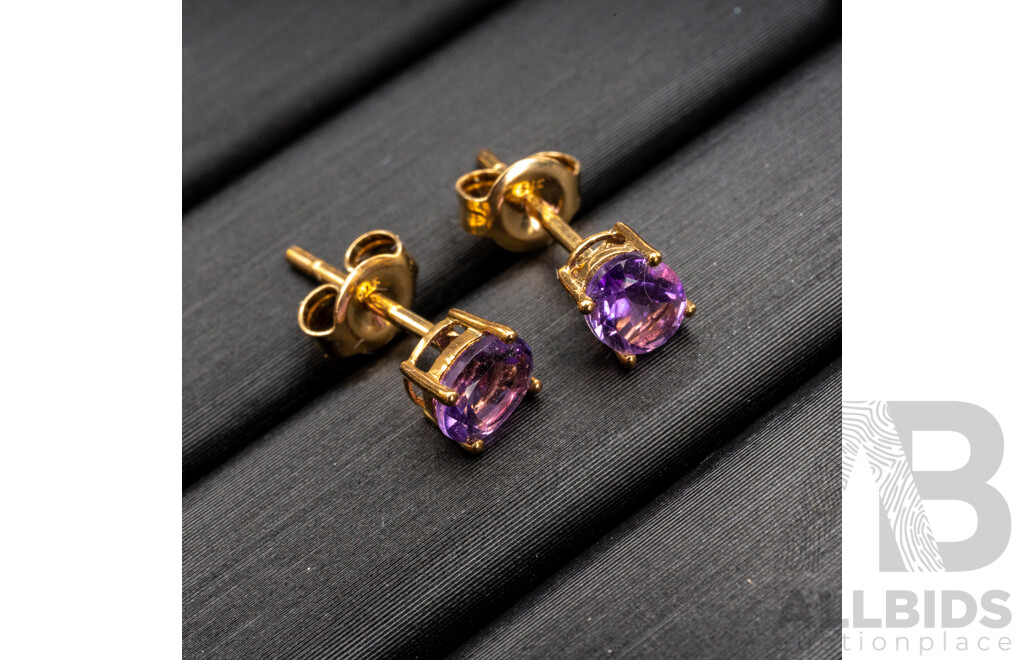 BRAND NEW - 9ct Yellow Gold Amethyst Stud Earrings, 5.0mm, 0.62 Grams
