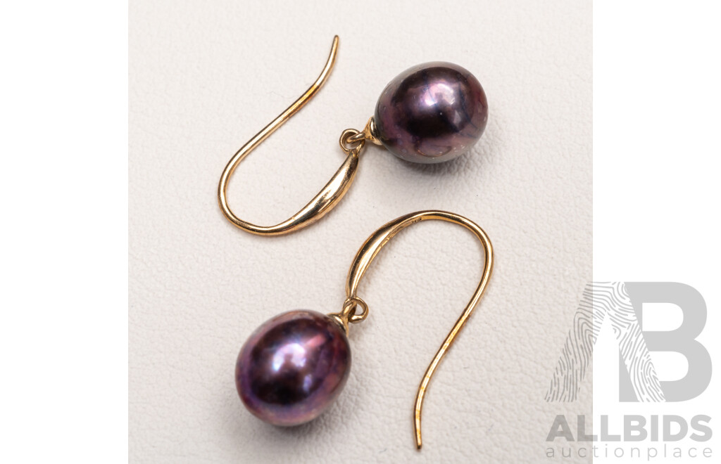 BRAND NEW - 9ct Aubergine Cultured Pearl Drop Earrings, 25mm, 2.33 Grams