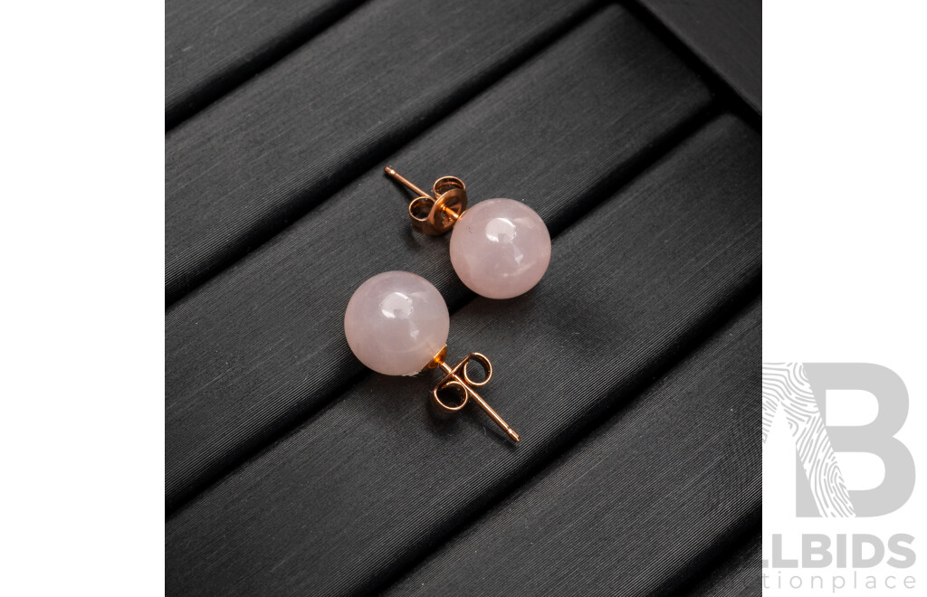 BRAND NEW - 9ct Rose Gold Rose Quartz Ball Stud Earrings, 8.35mm, 1.86 Grams