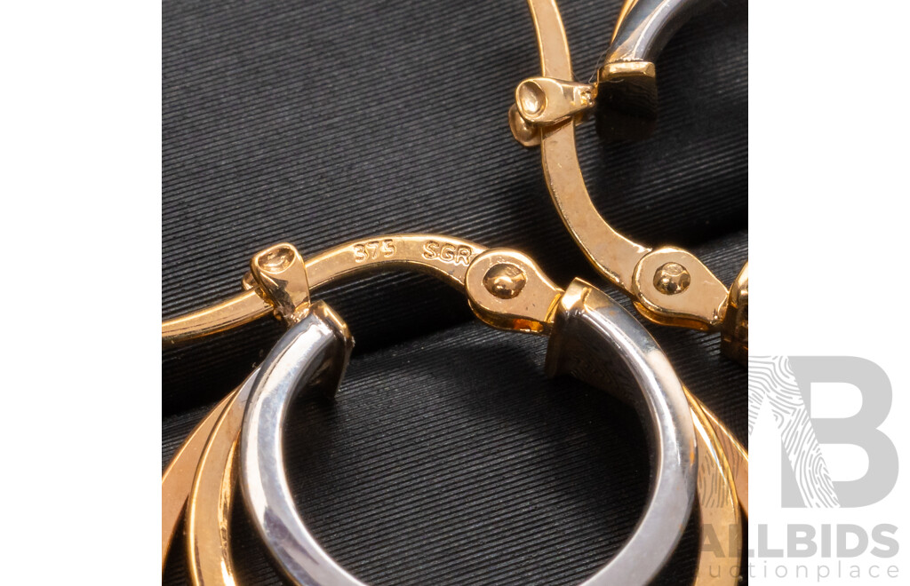 BRAND NEW - 9ct Triple Hoop Earrings in White/Rose/Yellow Gold, 20mm, 1.61 Grams