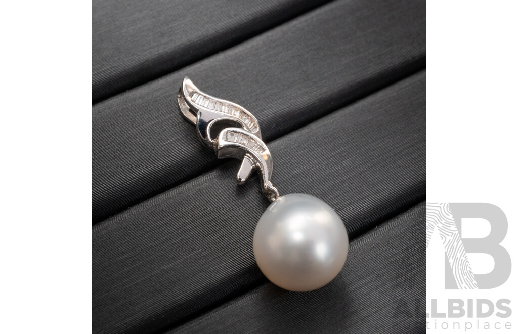 BRAND NEW - 18ct White Gold South Sea Pearl & (0.10ct) Diamond Drop Pendant on 9ct White Gold Necklace (broken), 45cm, 4.83 Grams