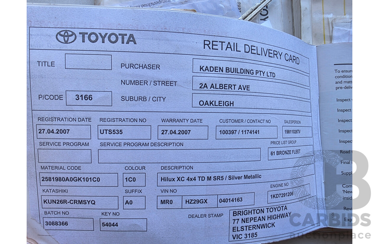 4/2007 Toyota Hilux SR5 (4x4) KUN26R 07 UPGRADE Dual Cab P/Up Silver Turbo Diesel 3.0L - WOVR N/A