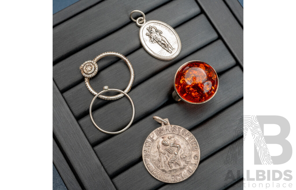Vintage Amber Cabochon Ring and Other Sterling Silver Including (2) Vintage St Christopher Medallion Pendants, 16.71 Grams