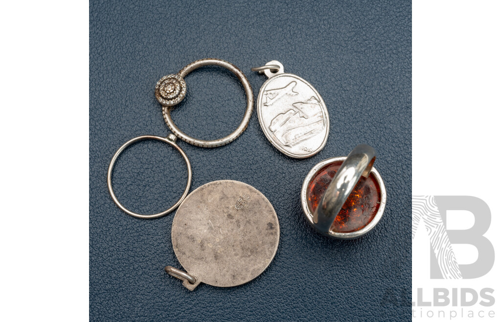Vintage Amber Cabochon Ring and Other Sterling Silver Including (2) Vintage St Christopher Medallion Pendants, 16.71 Grams