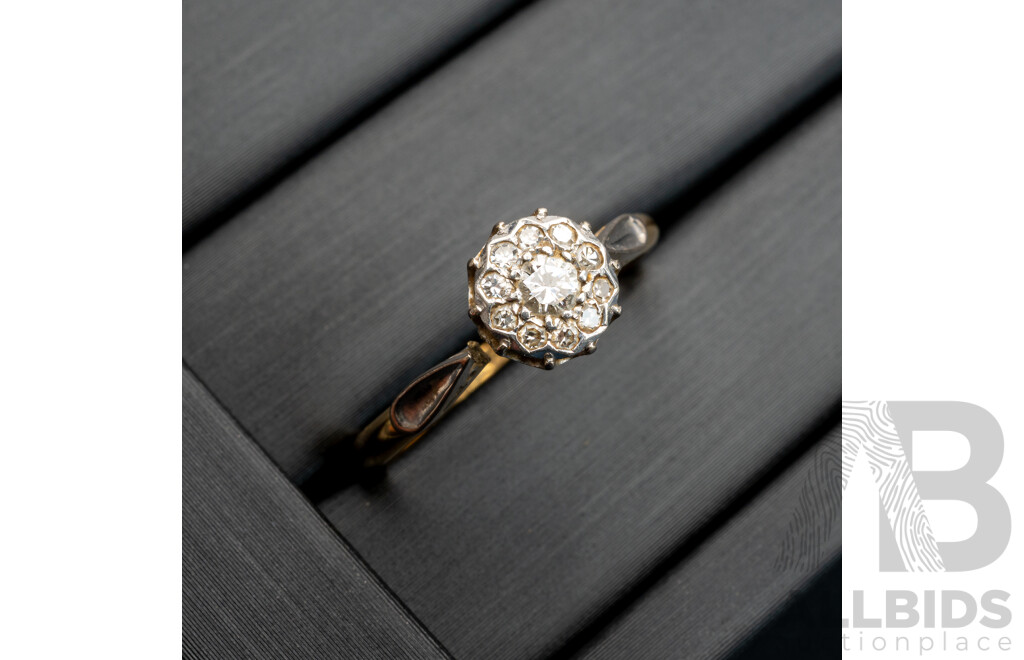 18ct/platinum Antique Old Cut Diamond Daisy Ring, Est 0.18ct, Size J, 2.88 Grams