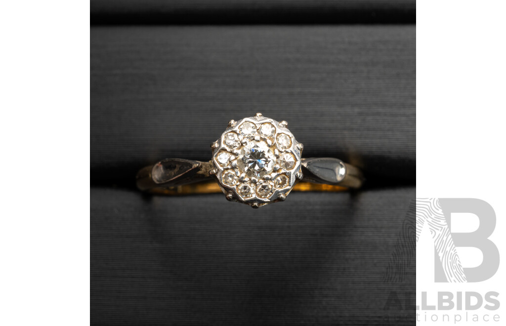 18ct/platinum Antique Old Cut Diamond Daisy Ring, Est 0.18ct, Size J, 2.88 Grams