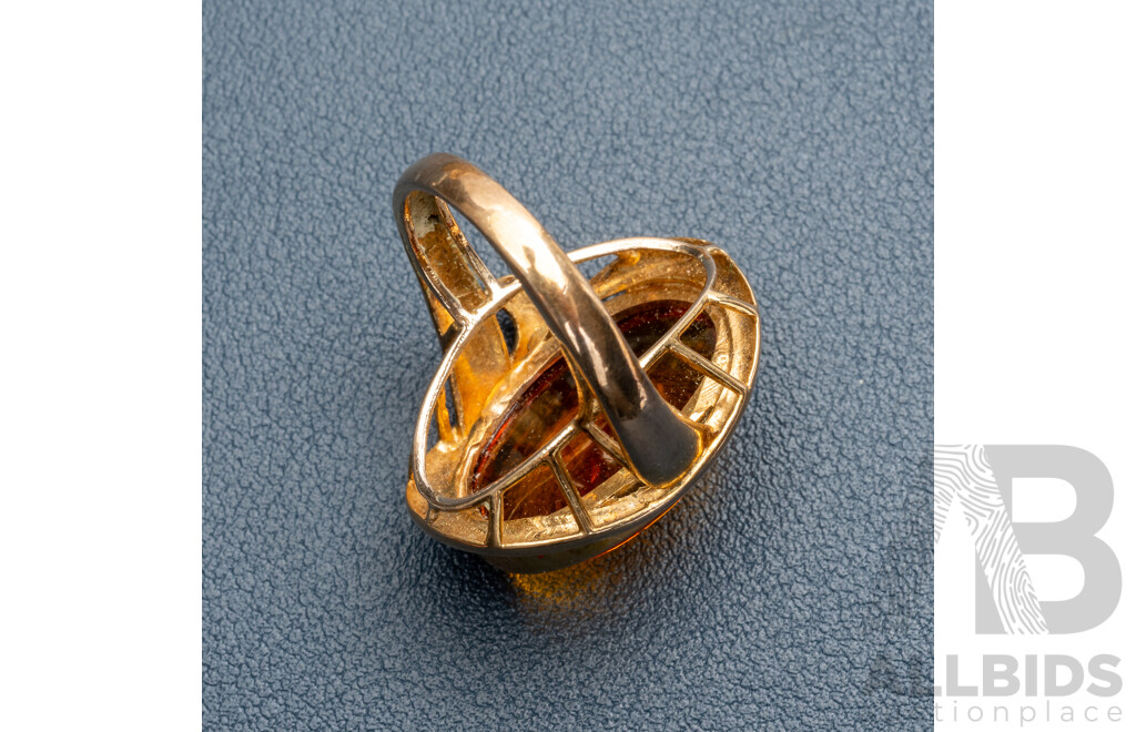 Vintage Gold Tone Sterling Silver Amber Cabochon Cocktail Ring, Size N, 7.52 Grams