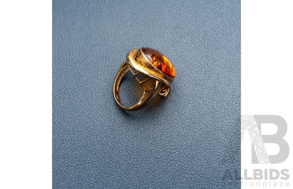 Vintage Gold Tone Sterling Silver Amber Cabochon Cocktail Ring, Size N, 7.52 Grams
