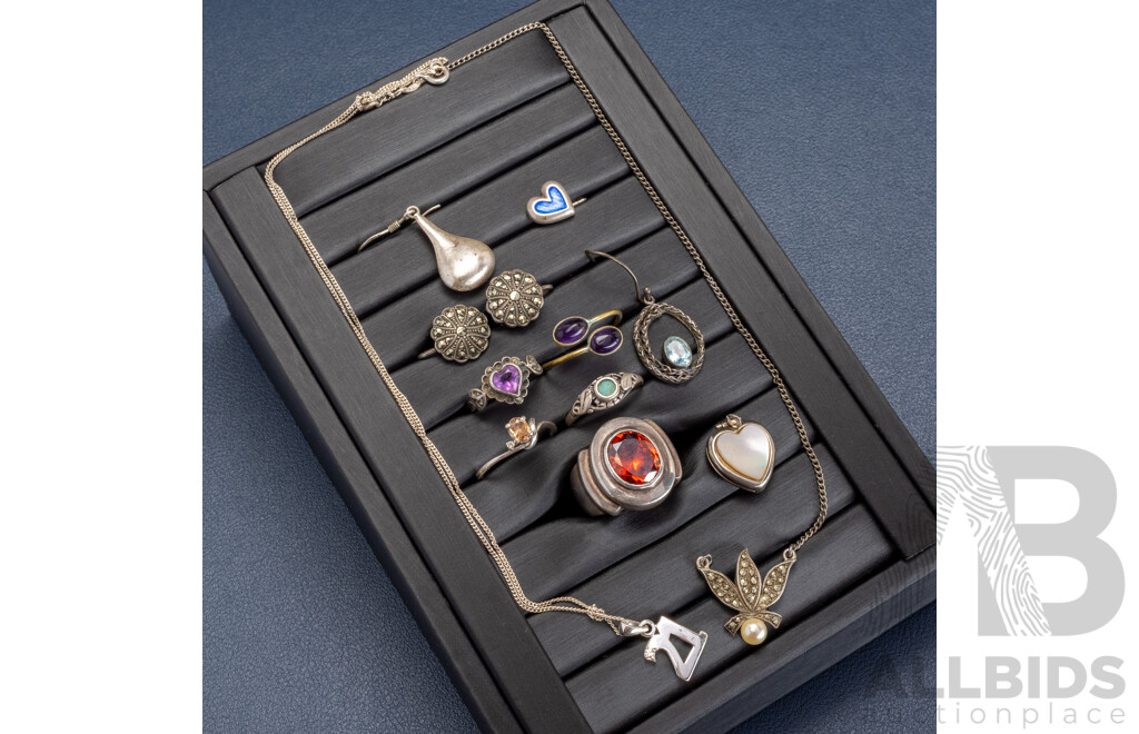 Collection of Vintage Sterling Silver Jewellery Including Cocktail Ring with Orange Citrine, 30.45 Grams