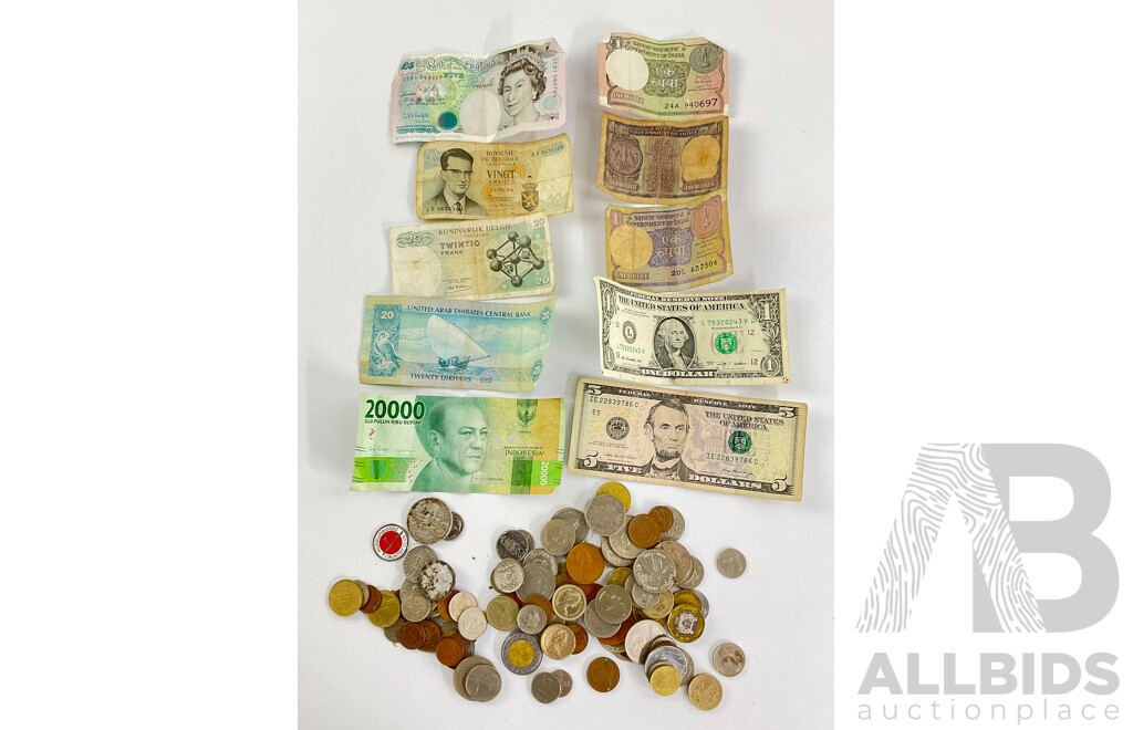 Collection of International Vintage Coins and Notes Including United Kingdom, USA, UAE, Indonesia, India, Belgium, France, Malaysia, Euro