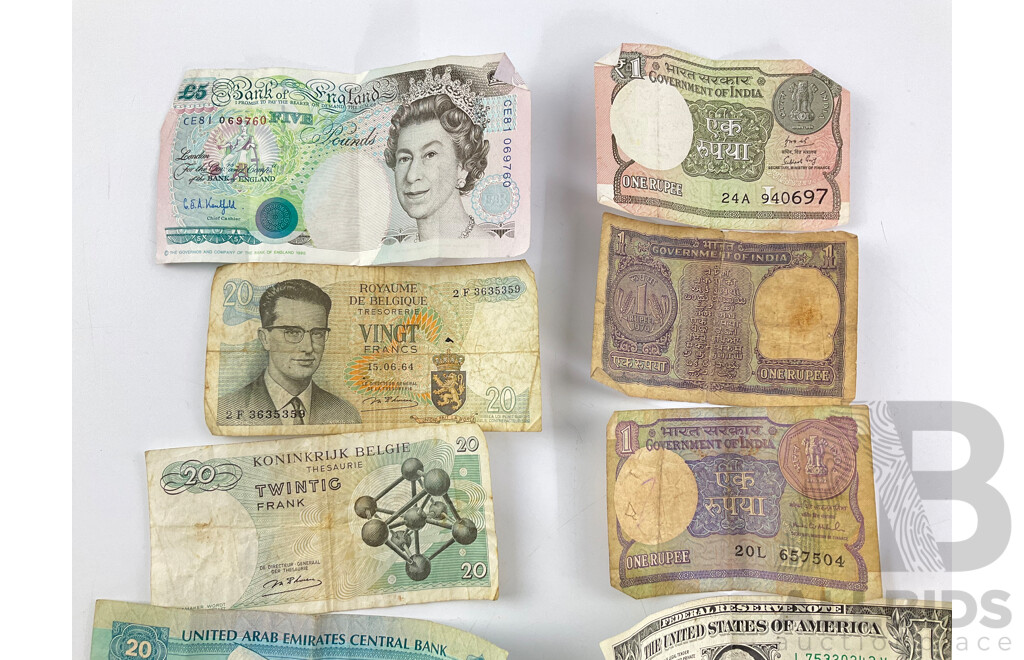Collection of International Vintage Coins and Notes Including United Kingdom, USA, UAE, Indonesia, India, Belgium, France, Malaysia, Euro