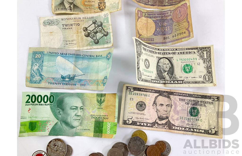Collection of International Vintage Coins and Notes Including United Kingdom, USA, UAE, Indonesia, India, Belgium, France, Malaysia, Euro