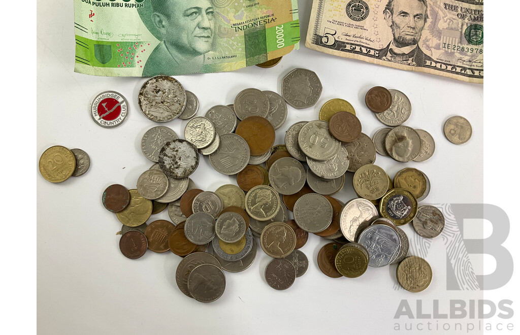 Collection of International Vintage Coins and Notes Including United Kingdom, USA, UAE, Indonesia, India, Belgium, France, Malaysia, Euro