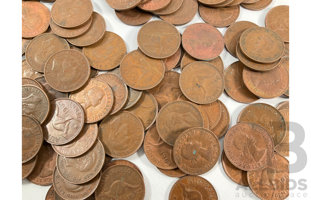 Collection of Australian KGVI/QE2 Pennies, Examples Spanning 1944 to 1964 with National Australia Bank Calico Bag