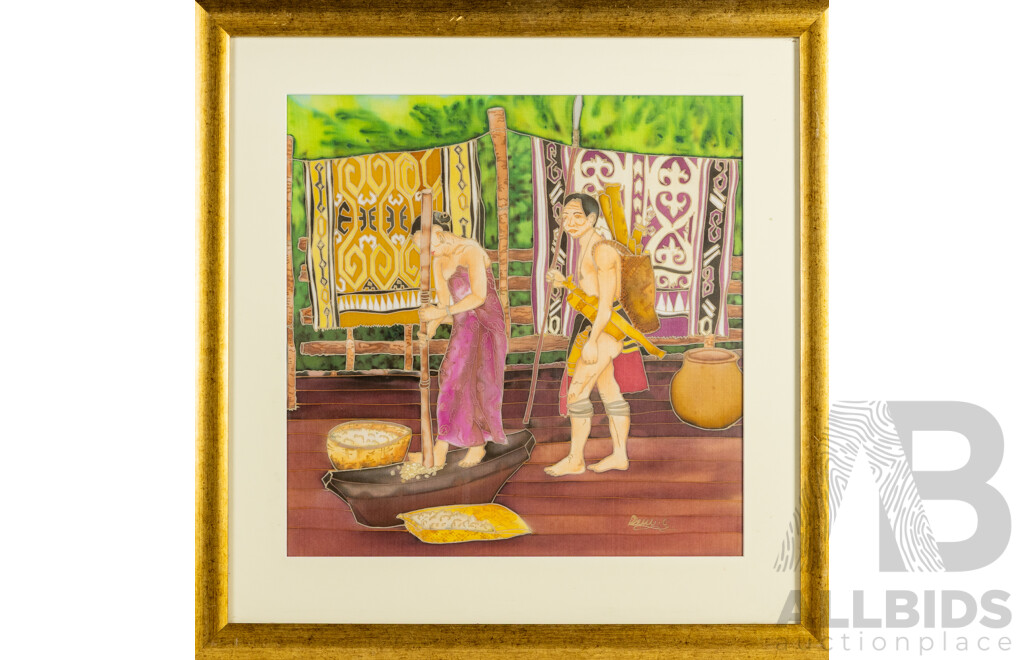 Devi C. (20th Century, Asian School), Village Life, Vintage South East Asian Silk Panel Batik, 64 x 63 cm (frame)