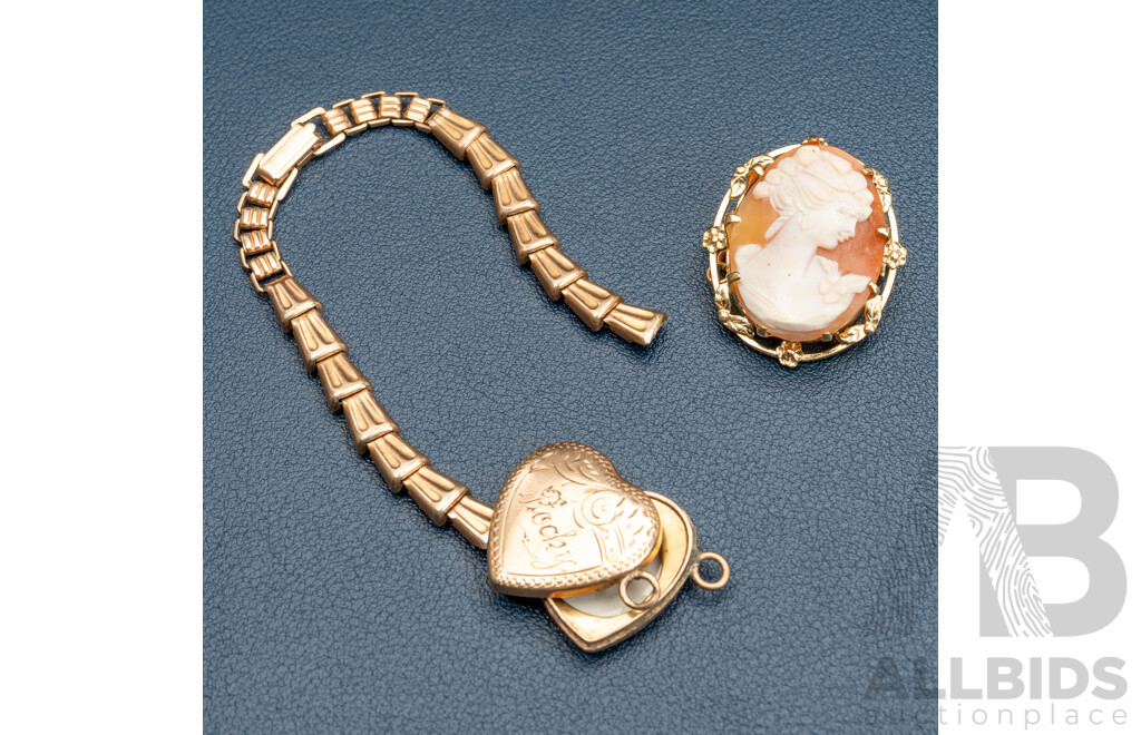 Vintage 9ct Lined WWII Sweetheart Locket Bracelet & Vintage 22ct Lined Shell Cameo Brooch