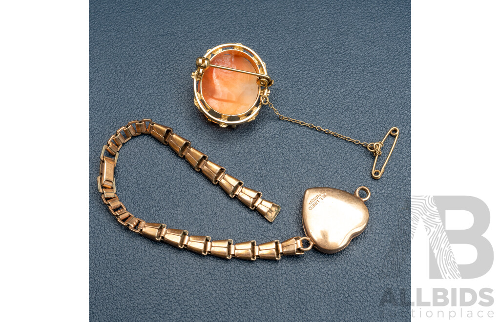 Vintage 9ct Lined WWII Sweetheart Locket Bracelet & Vintage 22ct Lined Shell Cameo Brooch