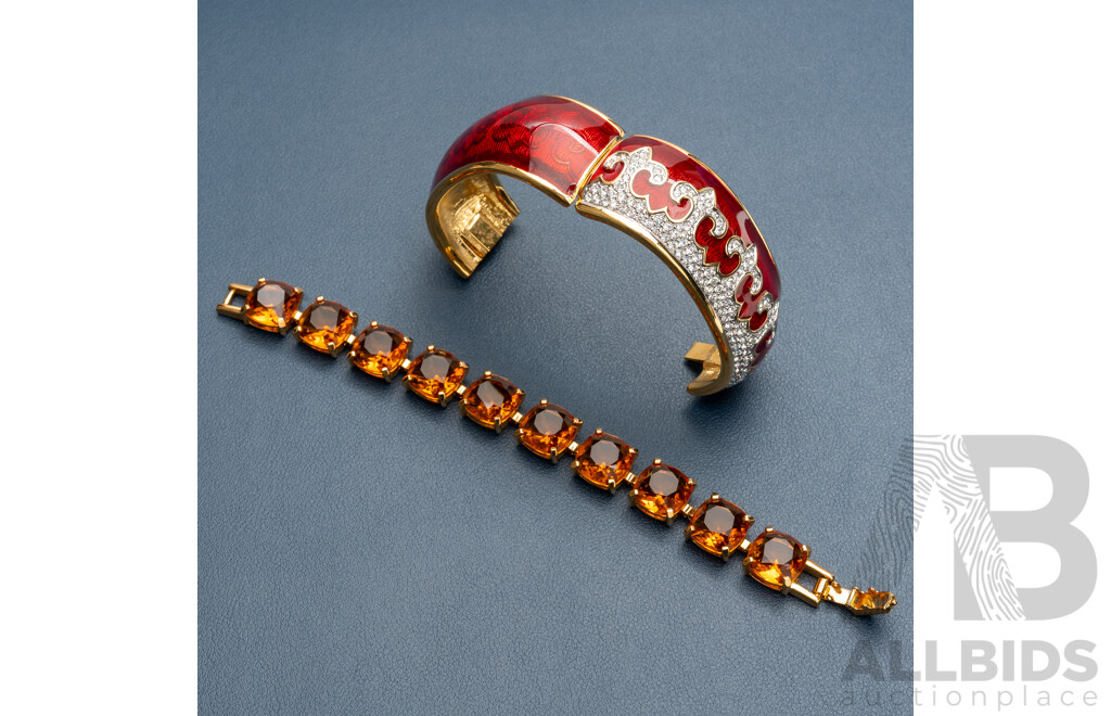 Swarovski Crystal Authentic Golden Crystal Bracelet & Hinged Red Enamel Crystal Bangle, Both Hallmarked