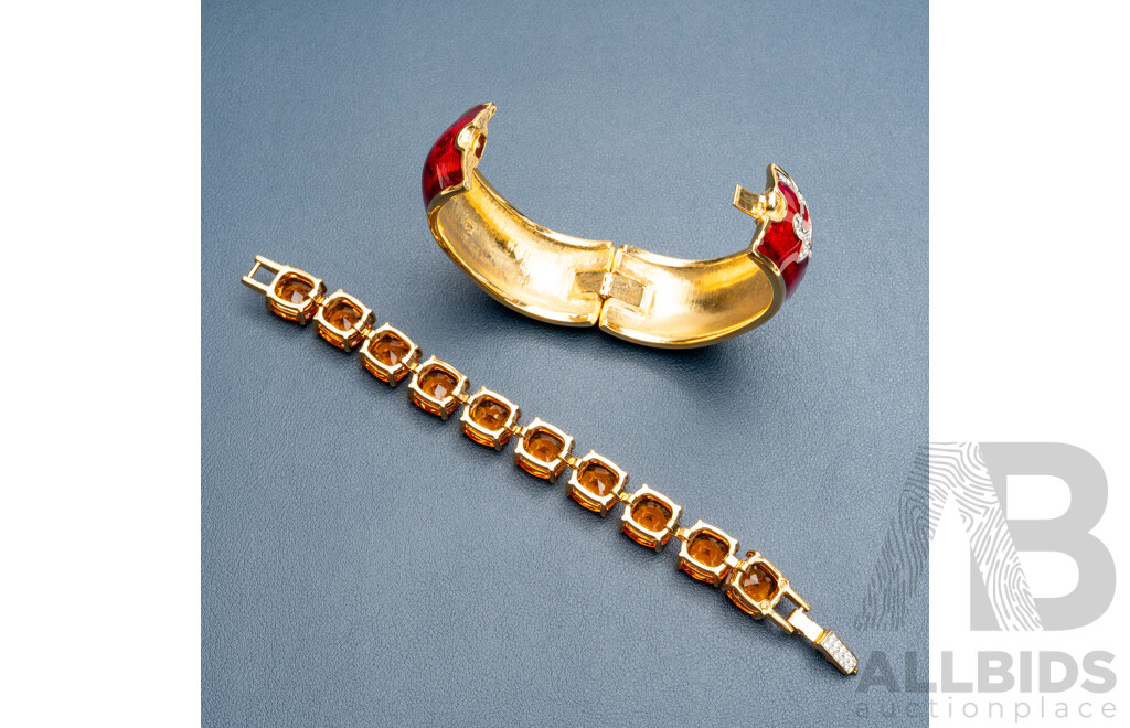 Swarovski Crystal Authentic Golden Crystal Bracelet & Hinged Red Enamel Crystal Bangle, Both Hallmarked