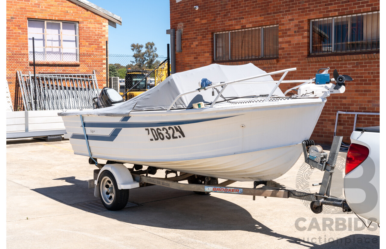 1991, Quintrex Fishabout Aluminum Runabout with 50 HP Mercury Blueband Outboard Motor and Water Snake Electric Trolling Motor on Bow