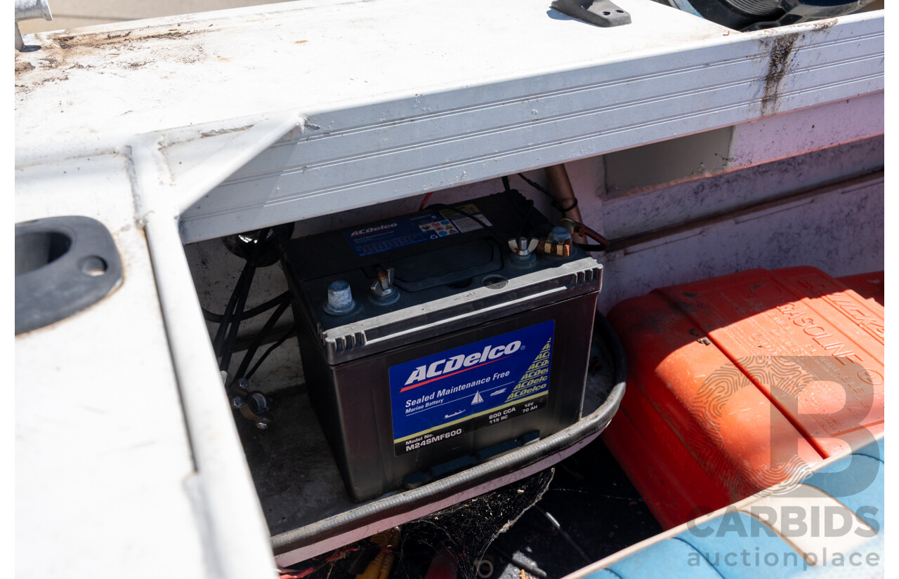 1991, Quintrex Fishabout Aluminum Runabout with 50 HP Mercury Blueband Outboard Motor and Water Snake Electric Trolling Motor on Bow