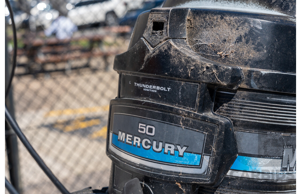 1991, Quintrex Fishabout Aluminum Runabout with 50 HP Mercury Blueband Outboard Motor and Water Snake Electric Trolling Motor on Bow