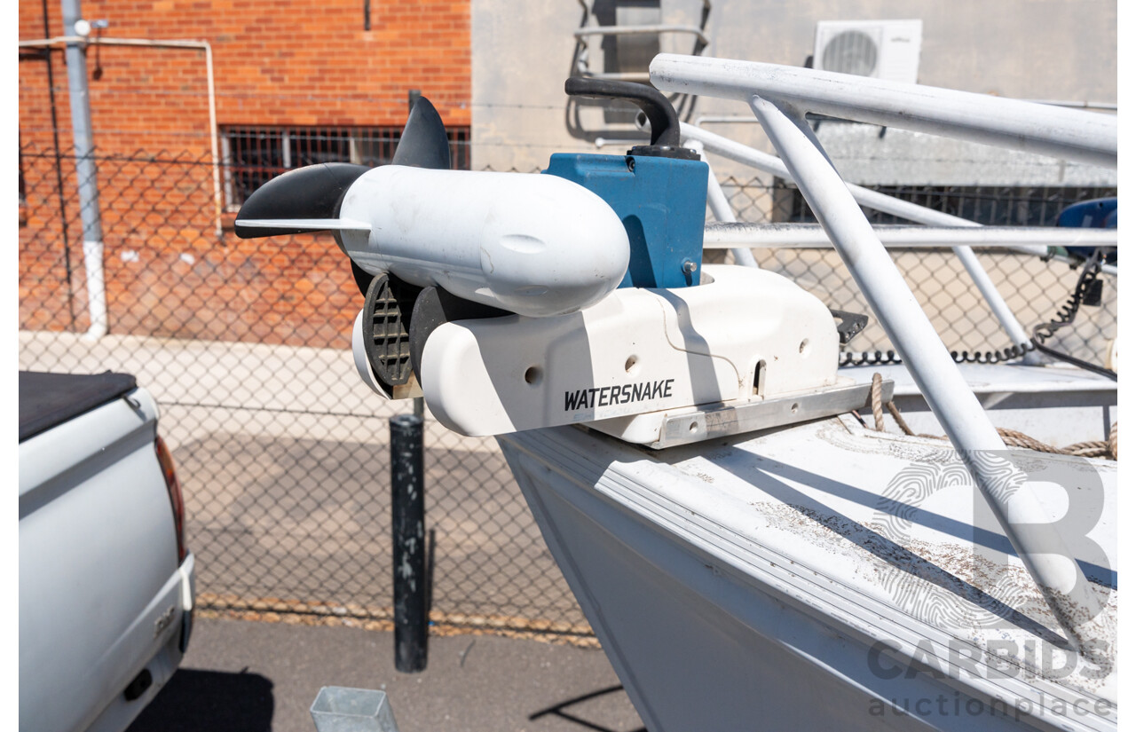 1991, Quintrex Fishabout Aluminum Runabout with 50 HP Mercury Blueband Outboard Motor and Water Snake Electric Trolling Motor on Bow