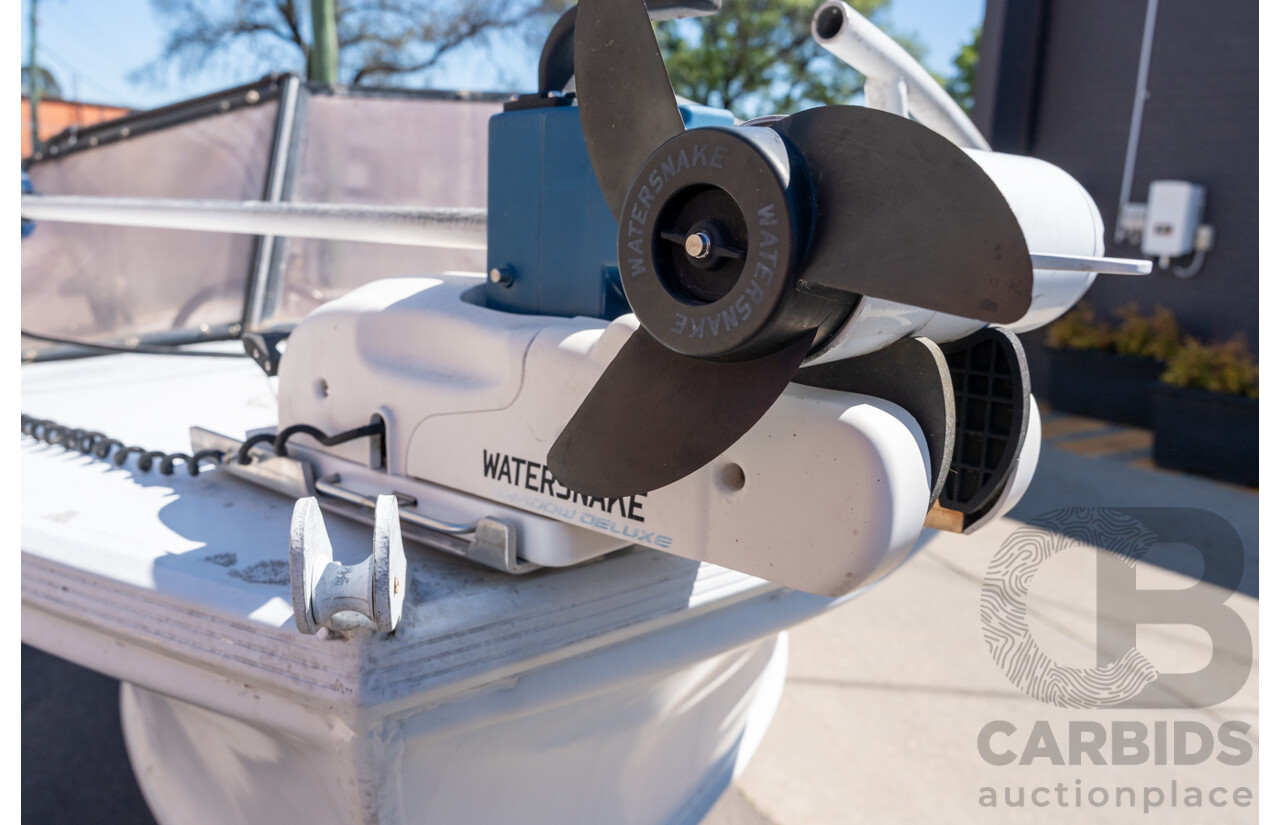 1991, Quintrex Fishabout Aluminum Runabout with 50 HP Mercury Blueband Outboard Motor and Water Snake Electric Trolling Motor on Bow