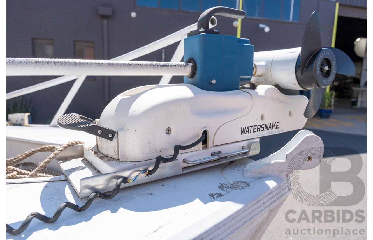 1991, Quintrex Fishabout Aluminum Runabout with 50 HP Mercury Blueband Outboard Motor and Water Snake Electric Trolling Motor on Bow