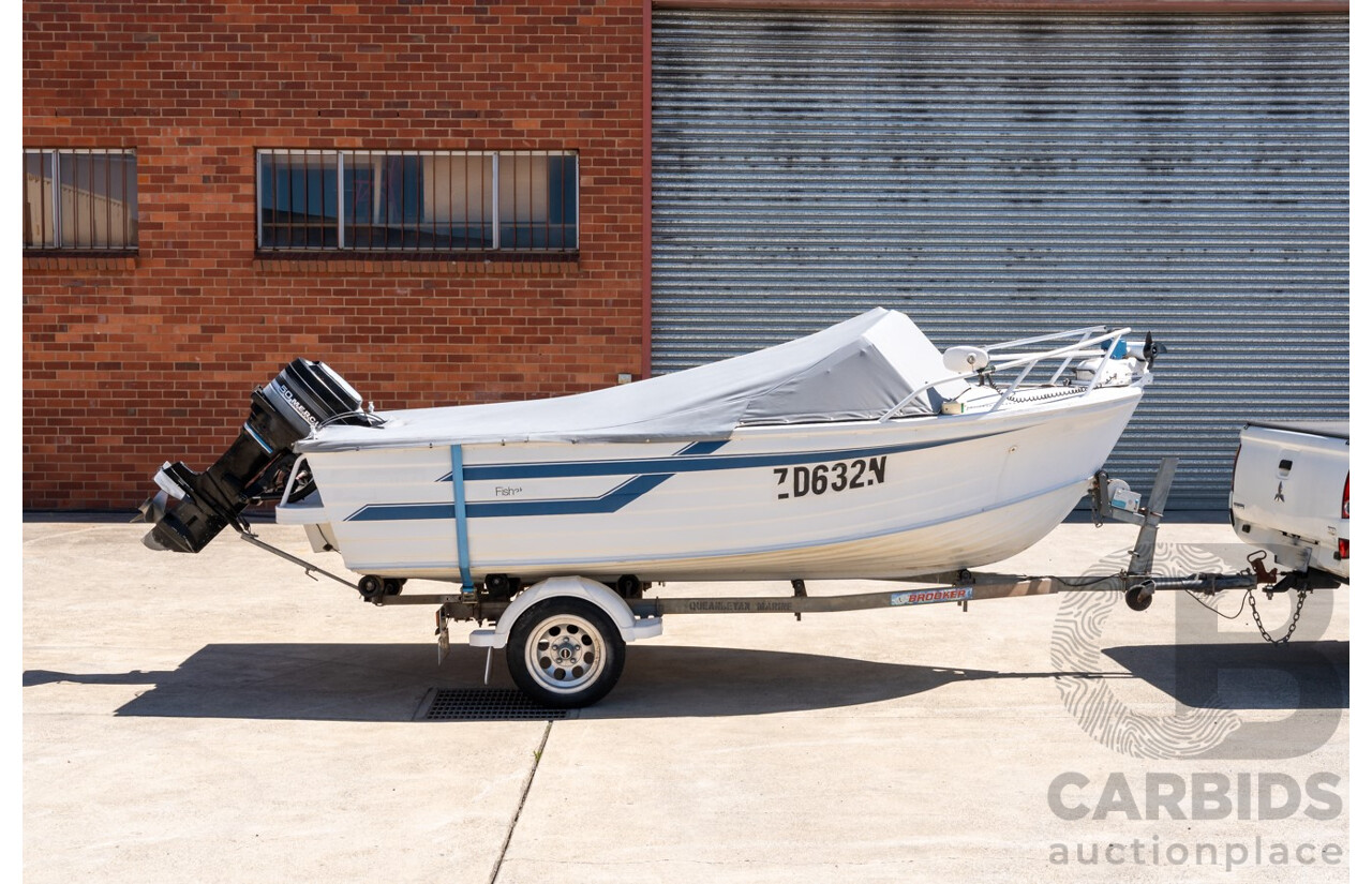1991, Quintrex Fishabout Aluminum Runabout with 50 HP Mercury Blueband Outboard Motor and Water Snake Electric Trolling Motor on Bow