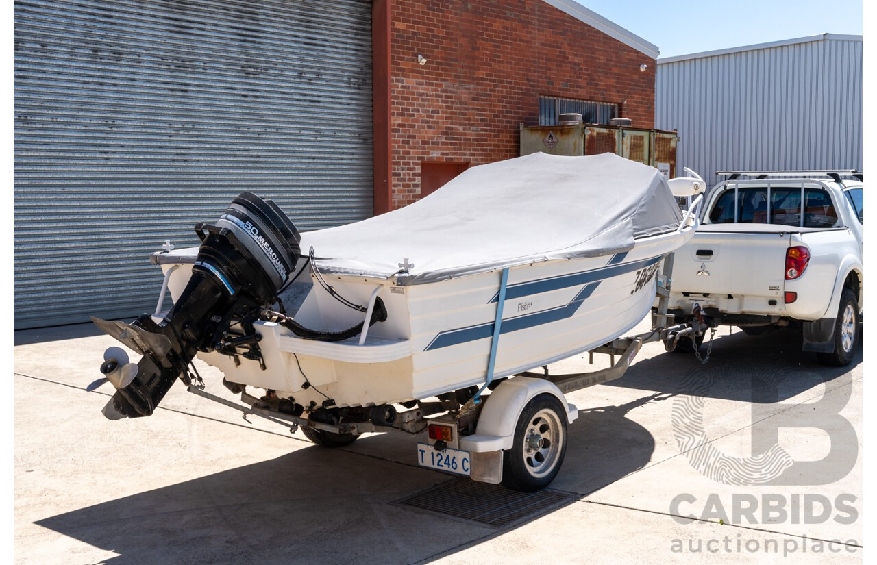 1991, Quintrex Fishabout Aluminum Runabout with 50 HP Mercury Blueband Outboard Motor and Water Snake Electric Trolling Motor on Bow