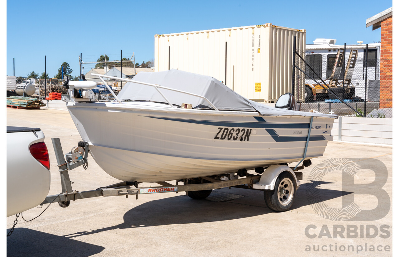 1991, Quintrex Fishabout Aluminum Runabout with 50 HP Mercury Blueband Outboard Motor and Water Snake Electric Trolling Motor on Bow