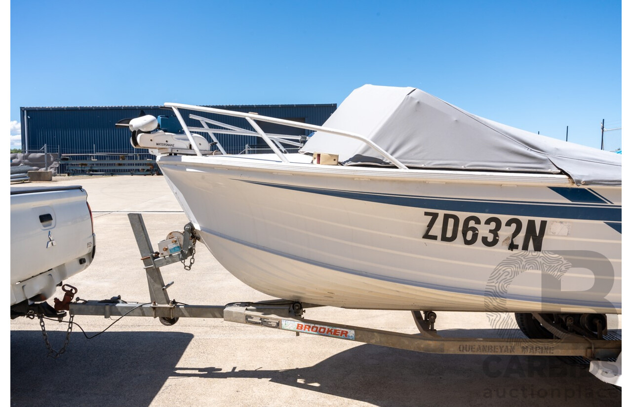 1991, Quintrex Fishabout Aluminum Runabout with 50 HP Mercury Blueband Outboard Motor and Water Snake Electric Trolling Motor on Bow