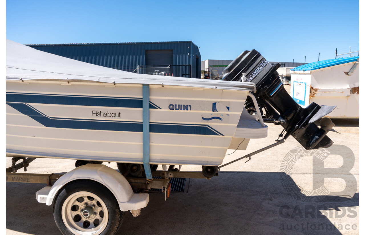 1991, Quintrex Fishabout Aluminum Runabout with 50 HP Mercury Blueband Outboard Motor and Water Snake Electric Trolling Motor on Bow