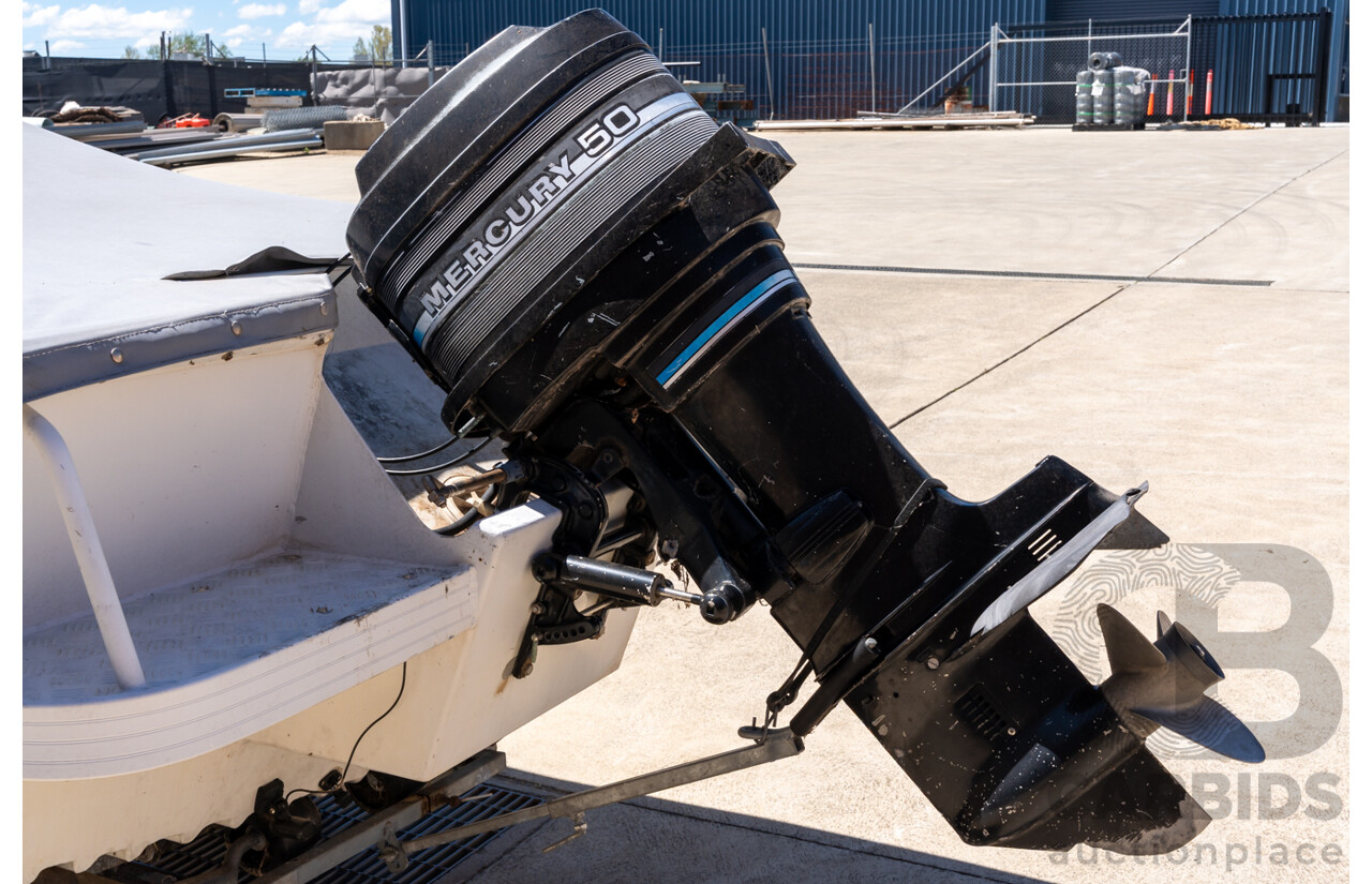 1991, Quintrex Fishabout Aluminum Runabout with 50 HP Mercury Blueband Outboard Motor and Water Snake Electric Trolling Motor on Bow