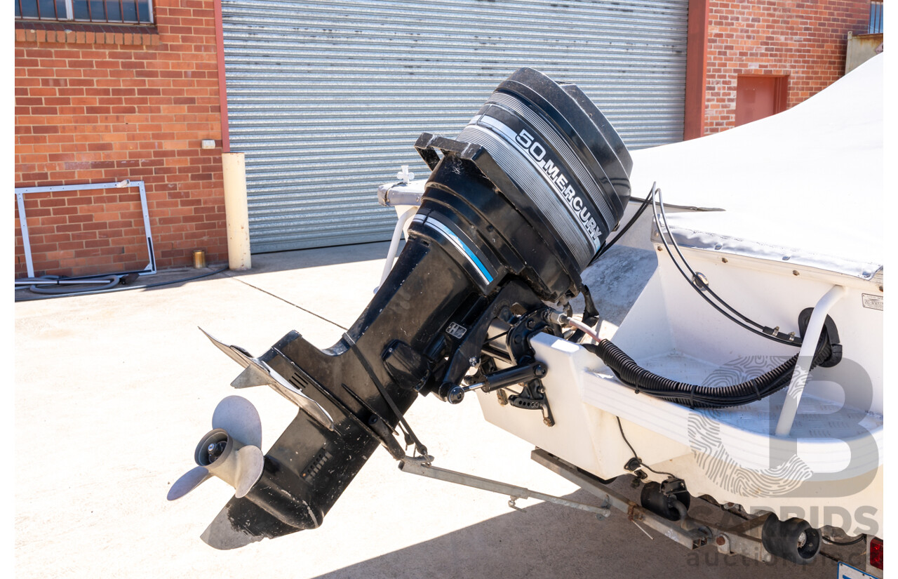 1991, Quintrex Fishabout Aluminum Runabout with 50 HP Mercury Blueband Outboard Motor and Water Snake Electric Trolling Motor on Bow