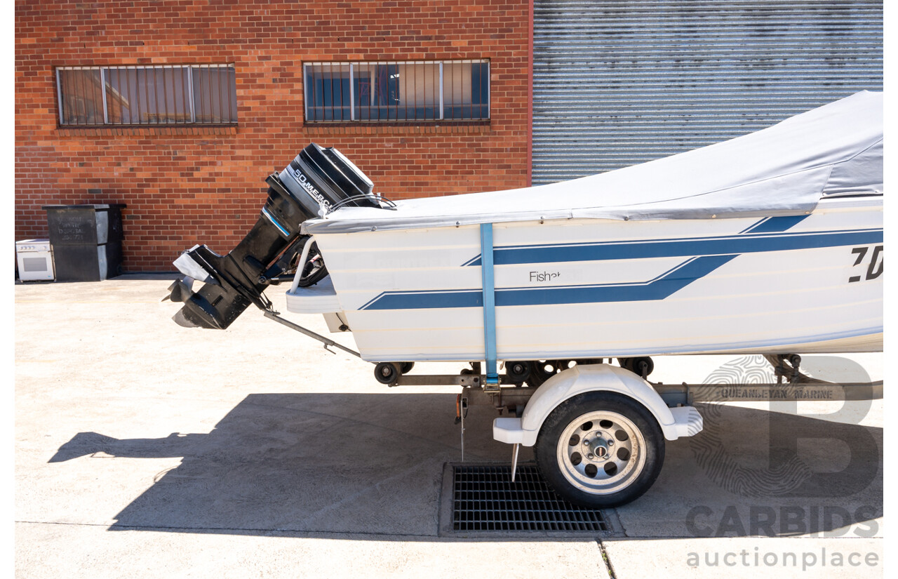 1991, Quintrex Fishabout Aluminum Runabout with 50 HP Mercury Blueband Outboard Motor and Water Snake Electric Trolling Motor on Bow
