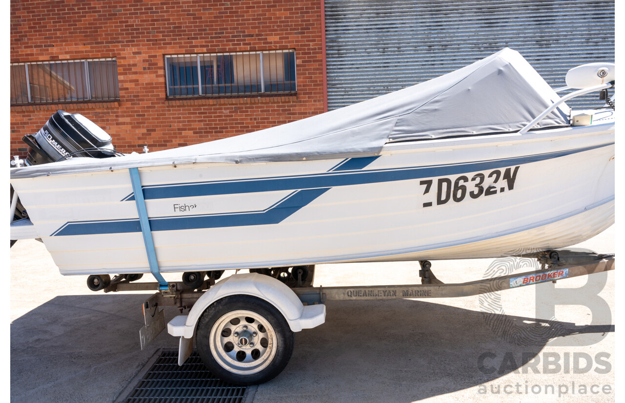 1991, Quintrex Fishabout Aluminum Runabout with 50 HP Mercury Blueband Outboard Motor and Water Snake Electric Trolling Motor on Bow