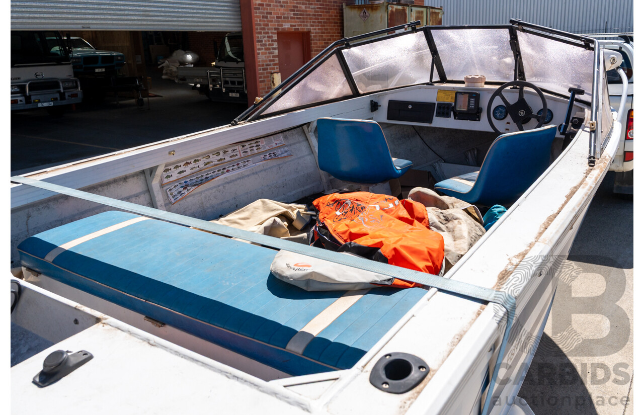 1991, Quintrex Fishabout Aluminum Runabout with 50 HP Mercury Blueband Outboard Motor and Water Snake Electric Trolling Motor on Bow