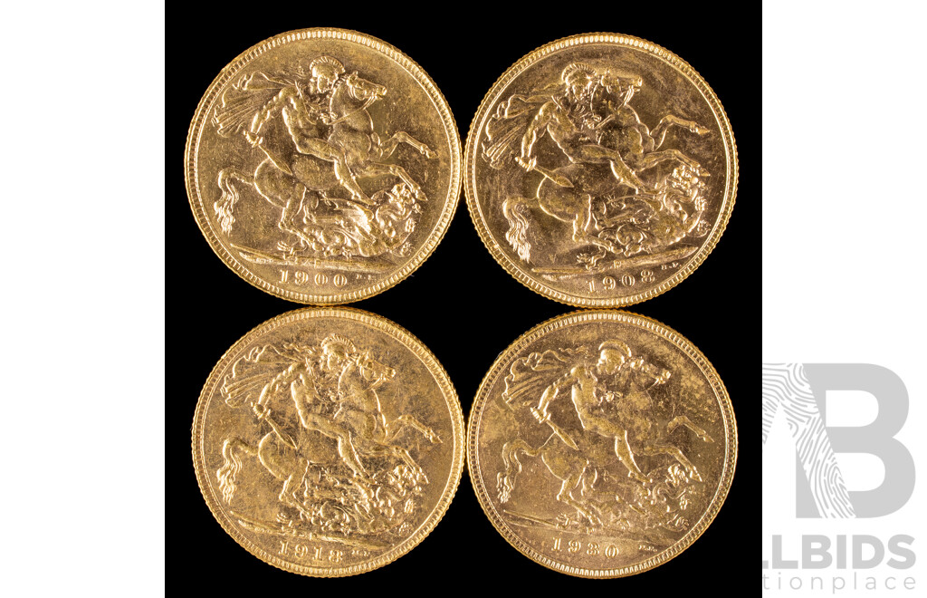 Downie's Prestige Four Australian Gold Sovereign Coin Collection Including QV 1900, KEVII 1908, KGV 1918 and 1930, All Perth Mint .916