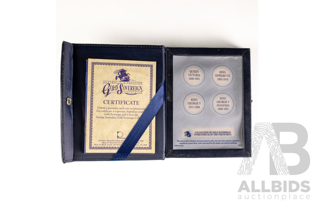 Downie's Prestige Four Australian Gold Sovereign Coin Collection Including QV 1900, KEVII 1908, KGV 1918 and 1930, All Perth Mint .916