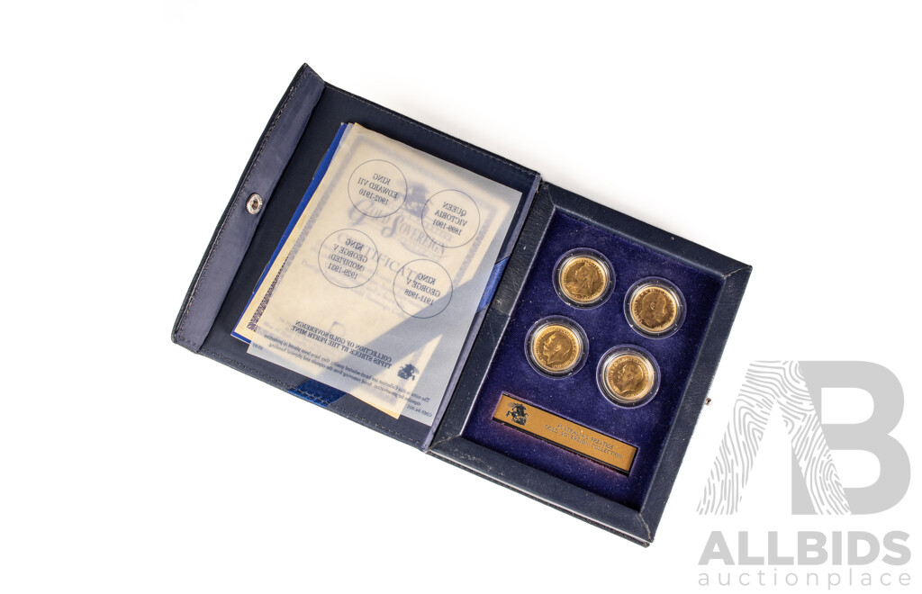Downie's Prestige Four Australian Gold Sovereign Coin Collection Including QV 1900, KEVII 1908, KGV 1918 and 1930, All Perth Mint .916