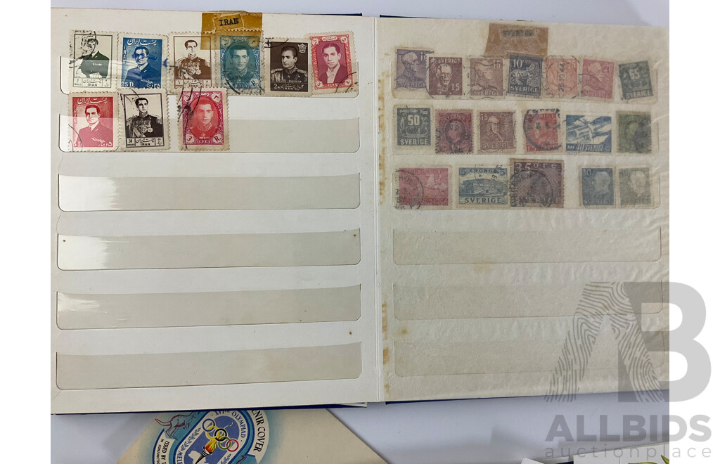 Album of Iternational Stamps Including Australia, Iran, USA, Denmark,United Kingdom, Sweden, Australian First Day Covers, 1956 Olympics, 1966 Decimal Currency, 1970 Cook Bicentenary, Aust Bicentennial 1972 Twenty Five Pence Coin