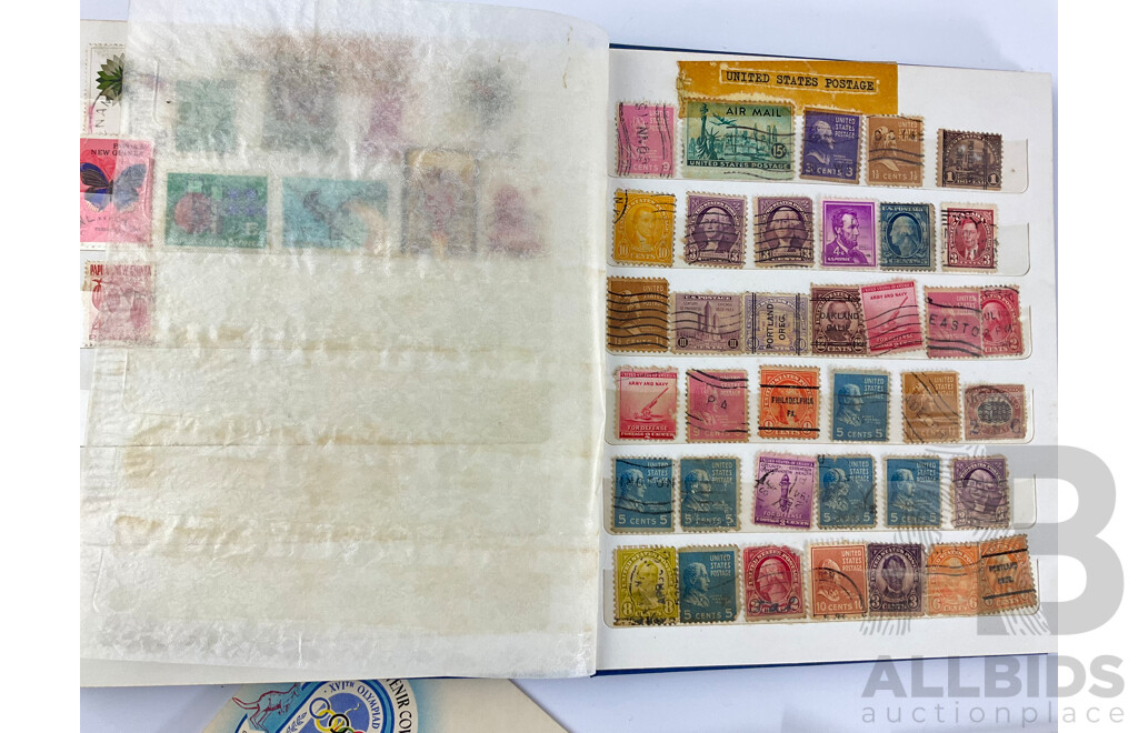 Album of Iternational Stamps Including Australia, Iran, USA, Denmark,United Kingdom, Sweden, Australian First Day Covers, 1956 Olympics, 1966 Decimal Currency, 1970 Cook Bicentenary, Aust Bicentennial 1972 Twenty Five Pence Coin