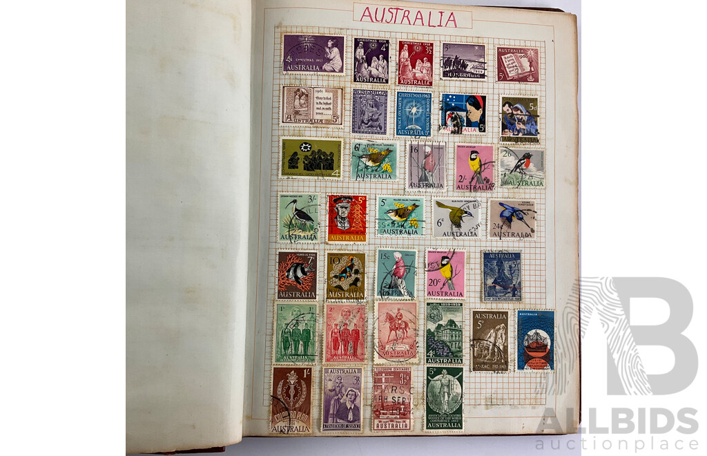Album of Antique and Vintage International Stamps Including Australian Predecimal/Colonial, New Zealand, Austria, Belgium, Canada, China, Denmark, France, Germany, Britain, Holland, Japan, USA and More